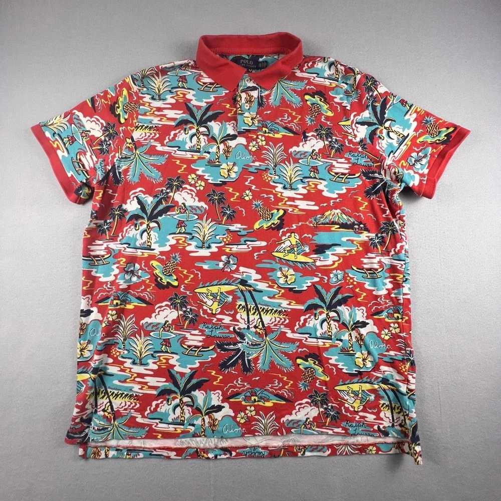 Polo Ralph Lauren Polo Shirt Mens XXL Red Aloha Tropical Hawaiian‎ Classic Fit